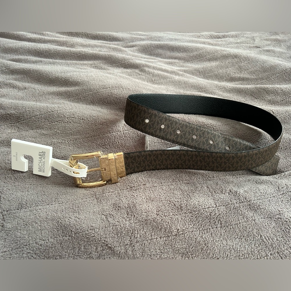 New Michael MICHAEL KORS Reversible BELT Black Leather and Brown MK Logo Gold